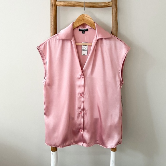 Express Tops - [express] satin cap sleeve button up blouse shirt silky light pink XS